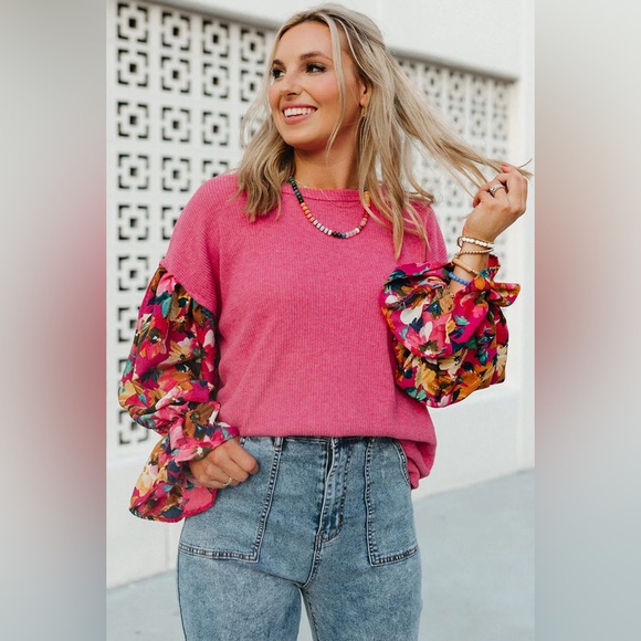 Sachet Pink Flower Patchwork Ruffled
Sleeve Ribbed Knit Drop Shoulder Top Boho - Picture 4 of 11